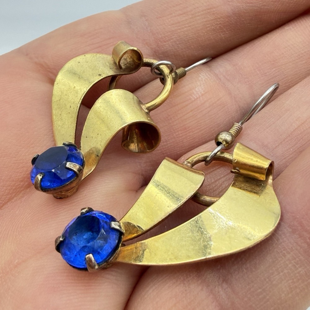 Vintage 12k Gold Filled Earrings Blue Rhinestone Read
